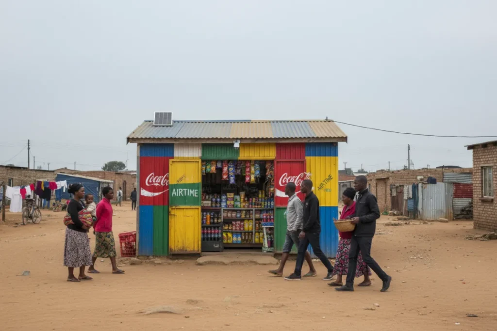 Solar security camera for small businesses installed on township spaza shop in South Africa