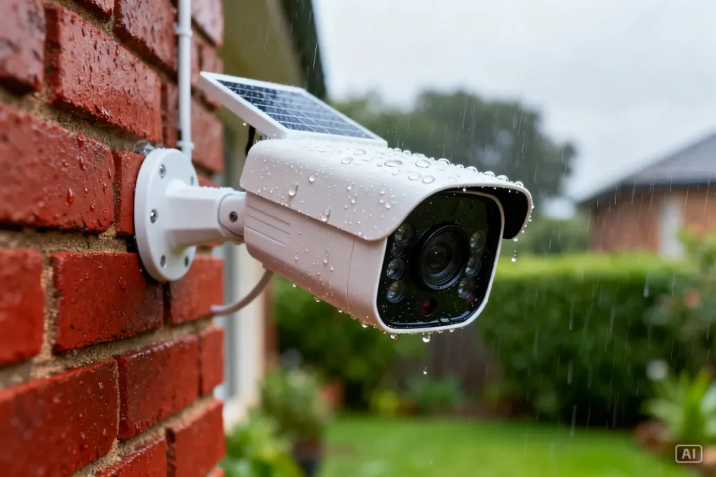 Weatherproof solar security camera correctly installed on South African home wall showing water resistance
