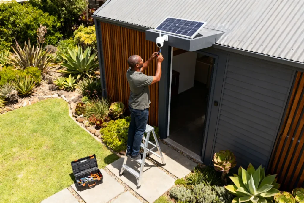 Airbnb host installing solar security camera for Airbnb on garden cottage
