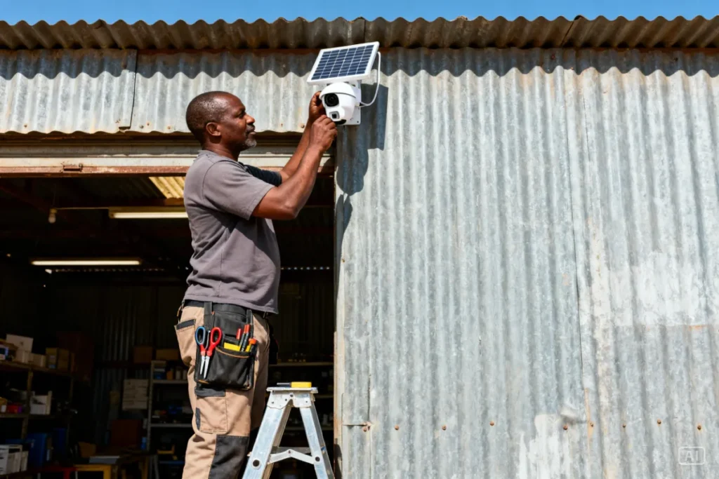 Small business owner installing solar security camera for small businesses on workshop entrance