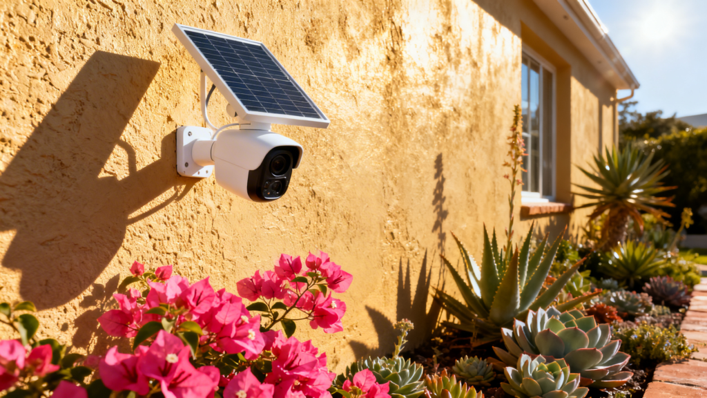 Solar security camera self-charging on garden wall South Africa home