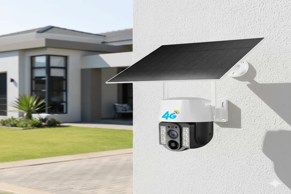 Best budget 4G solar powered wireless CCTV mounted on a South African boundary wall at dusk