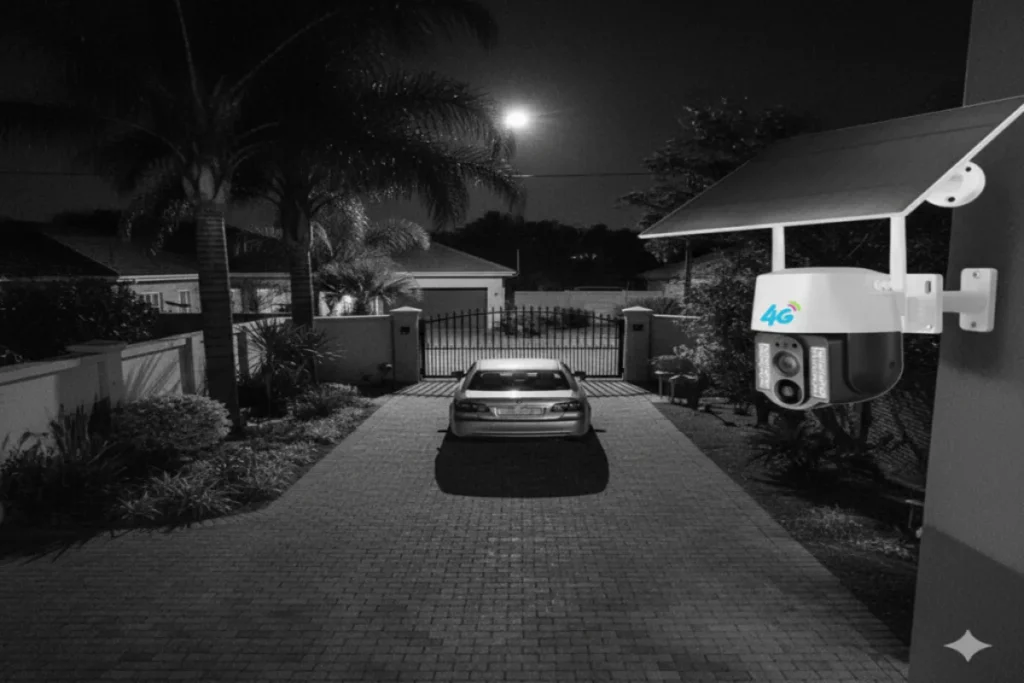 : Best budget 4G solar powered wireless CCTV mounted on a South African boundary wall at dusk