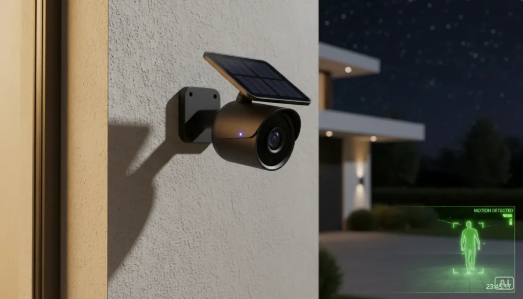 Clean night lifestyle shot of recommended solar security camera on modern South African home exterior with clear night vision footage overlay