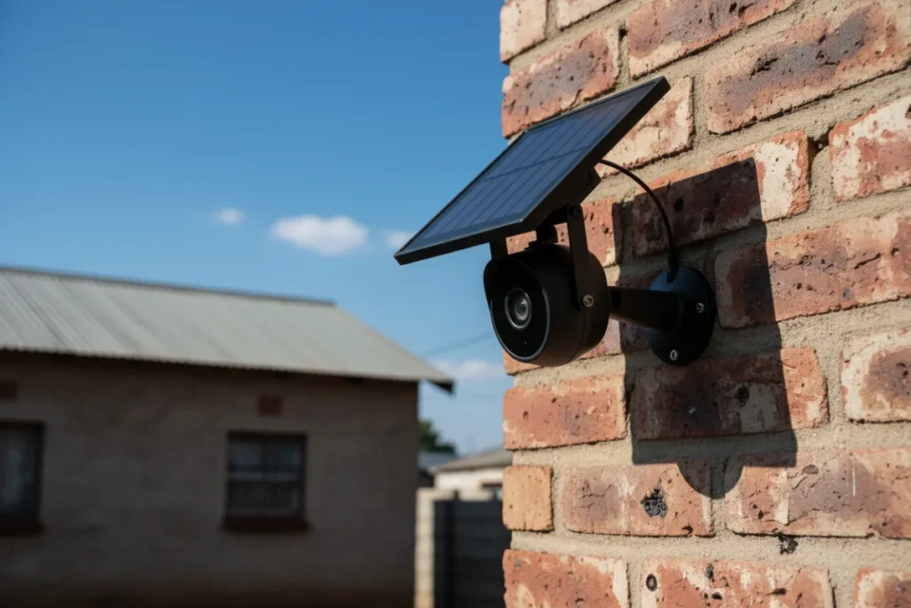 Close-up durable solar security camera mounted on brick wall of typical South African township house with solar panel angled toward sun