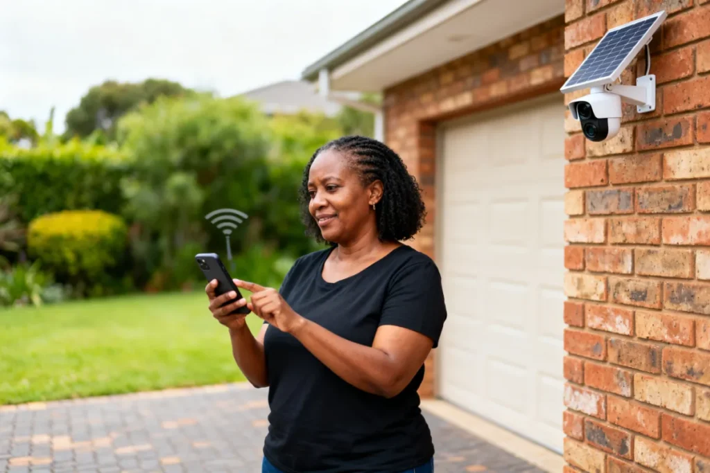 South African homeowner checking WiFi signal before mounting solar camera to avoid installation mistakes