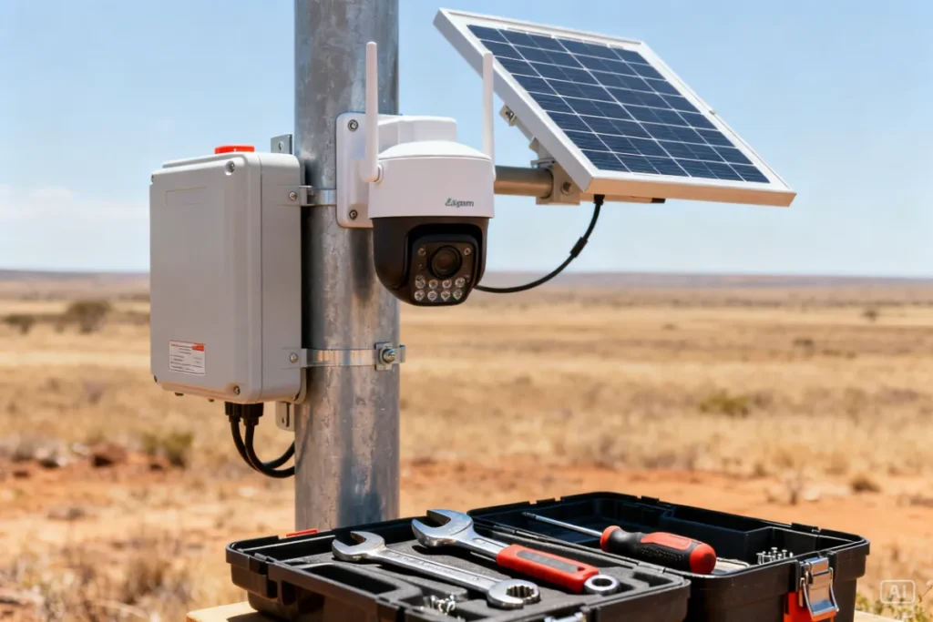 Close-up installation of solar camera for remote areas in South Africa