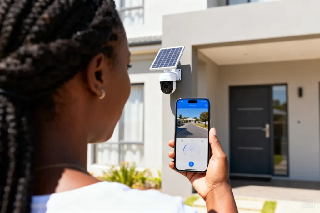 South African homeowner viewing wireless solar camera setup live feed on smartphone