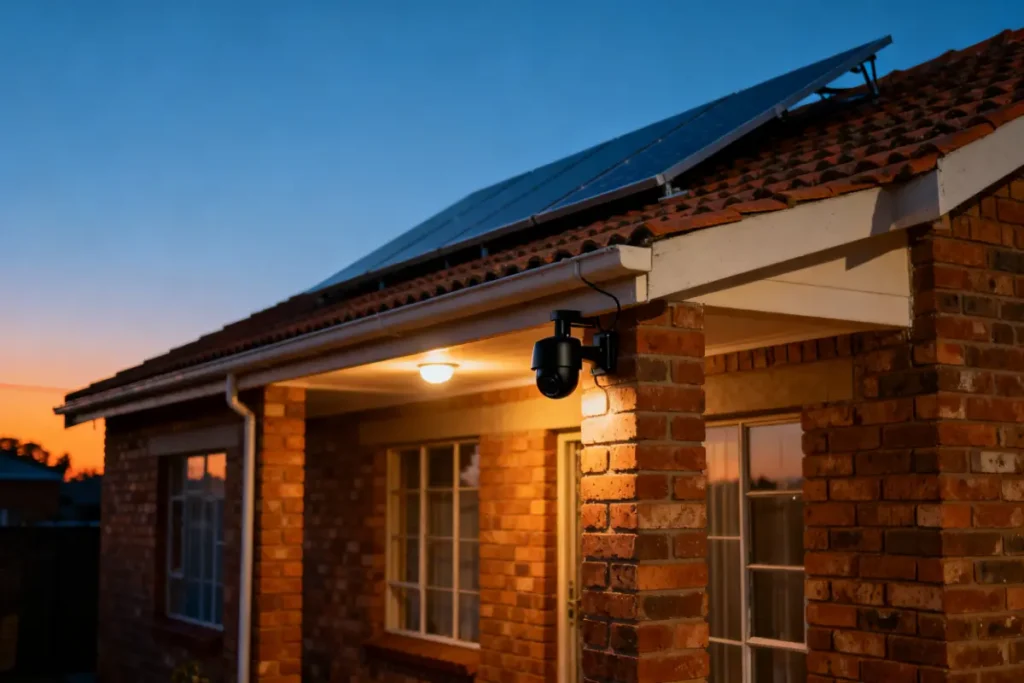 Solar powered security system on South African home during load shedding dusk