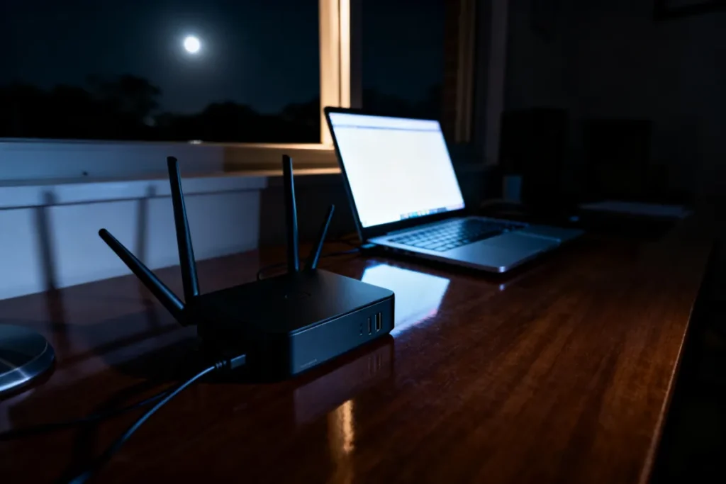 Small black mini UPS powering a home Wi-Fi router during a blackout