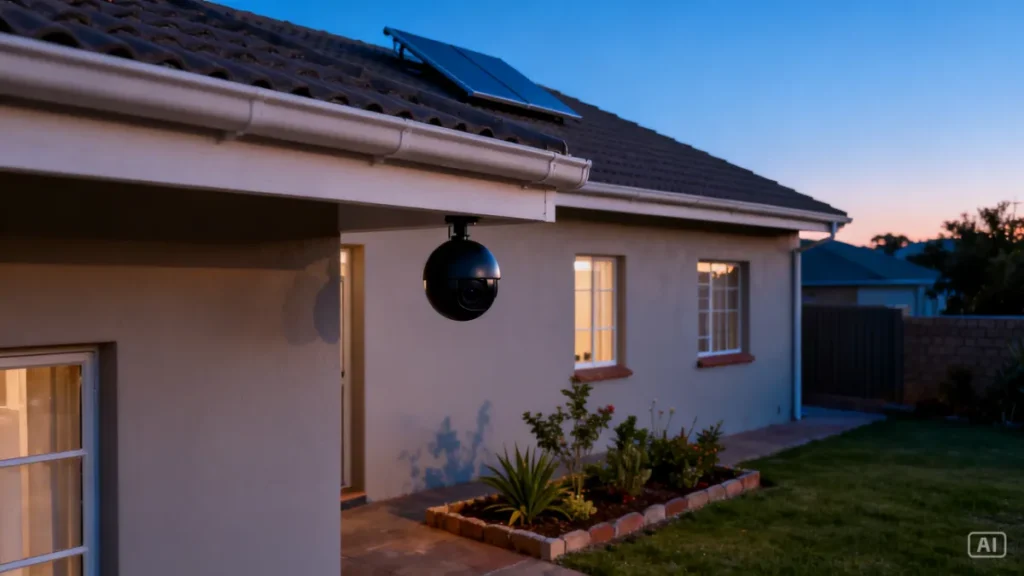 Sleek modern solar security camera mounted on a South African home