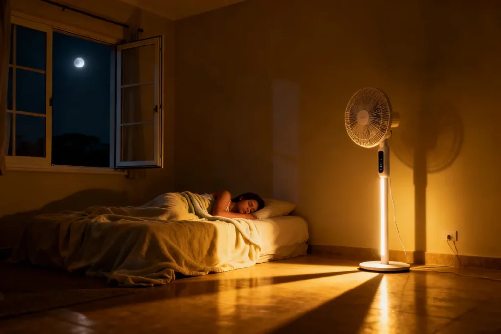 Sleek rechargeable standing fan cooling a dark bedroom during load shedding