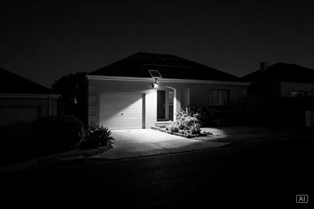 Solar security camera LED spotlight illuminating a South African home gate at night during load shedding while surrounding street is dark 