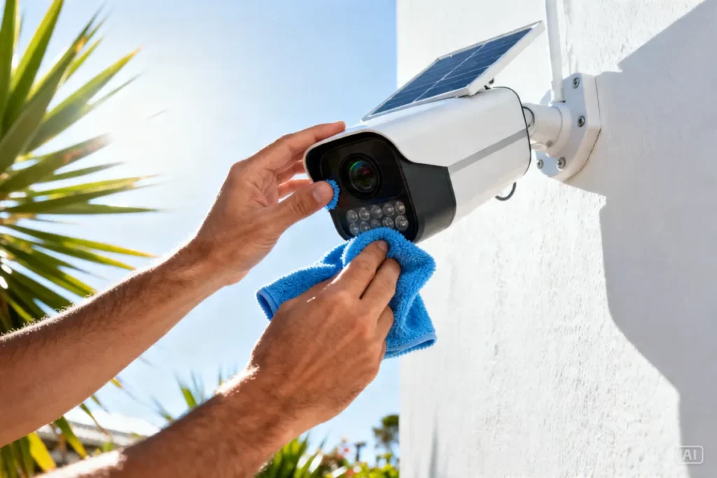 Checking a fully charged solar security camera battery on a smartphone app 