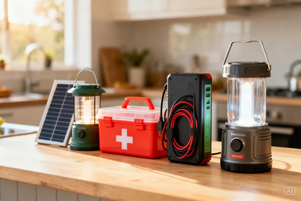 South African family emergency gadget kit laid out on kitchen counter including lantern power bank and first aid kit