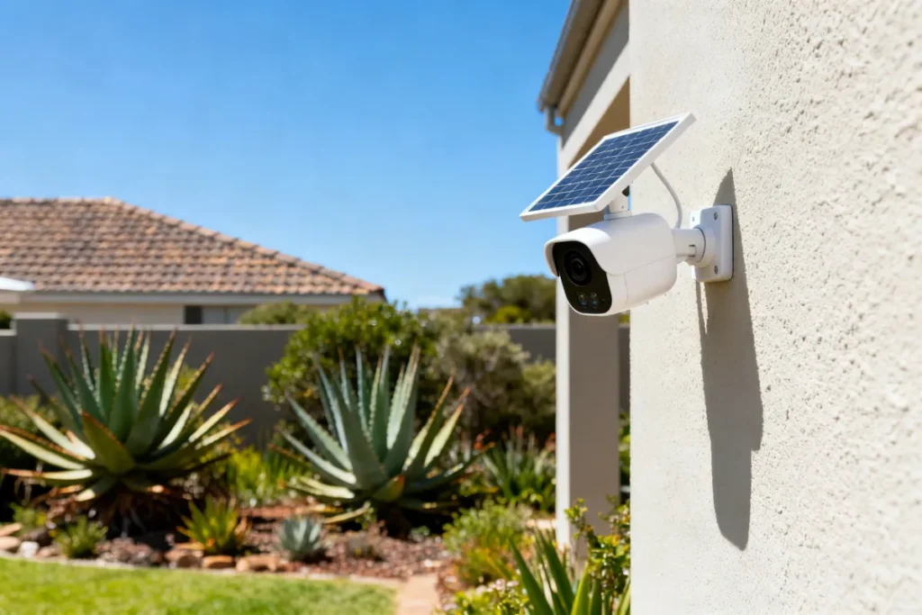 Solar security camera mounted on SA home wall showing solar panel in natural daylight