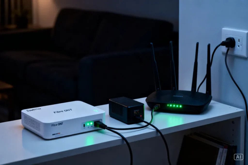 Mini UPS keeping fibre ONT and WiFi router powered during load shedding in South African home