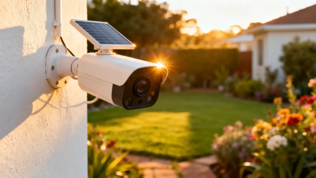 Outdoor solar security camera mounted on white brick boundary wall of South African suburban home