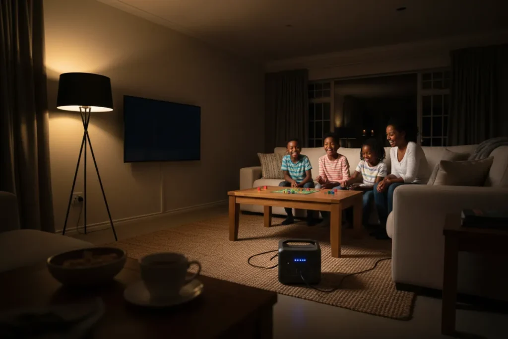Portable power station running a TV and lamp in a South African lounge