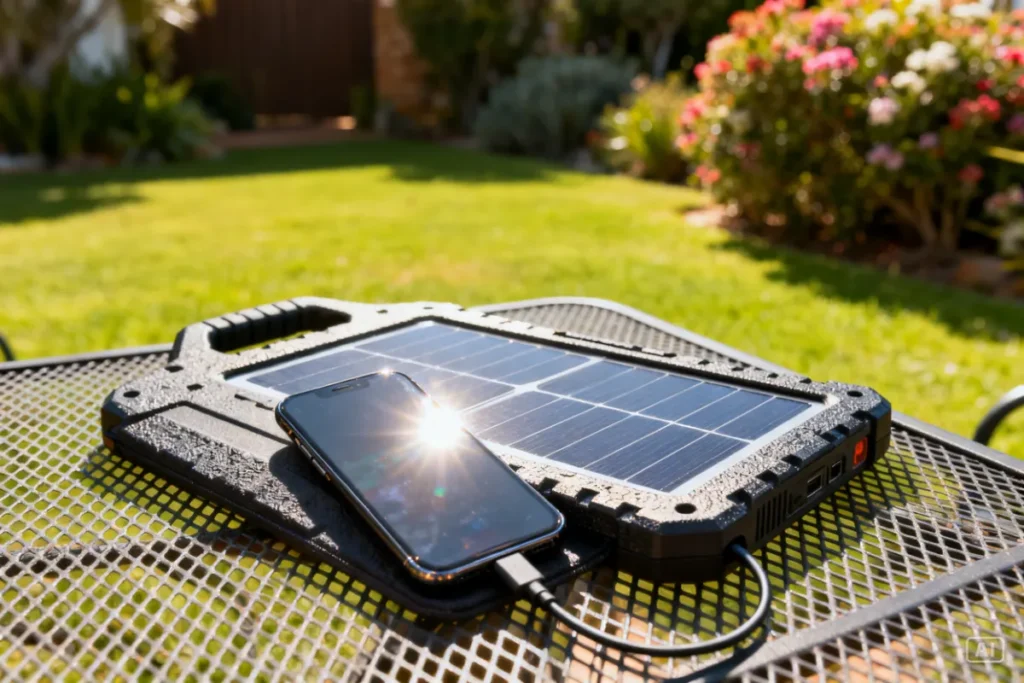 Foldable solar panel charging a smartphone on a patio table in the sun