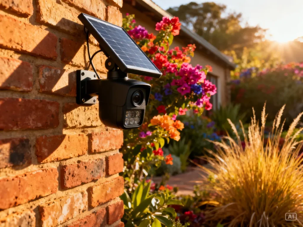 Solar security camera with solar panel charging battery on South African home wall