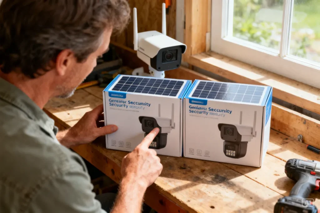 South African homeowner comparing two solar security cameras on a workbench before buying
