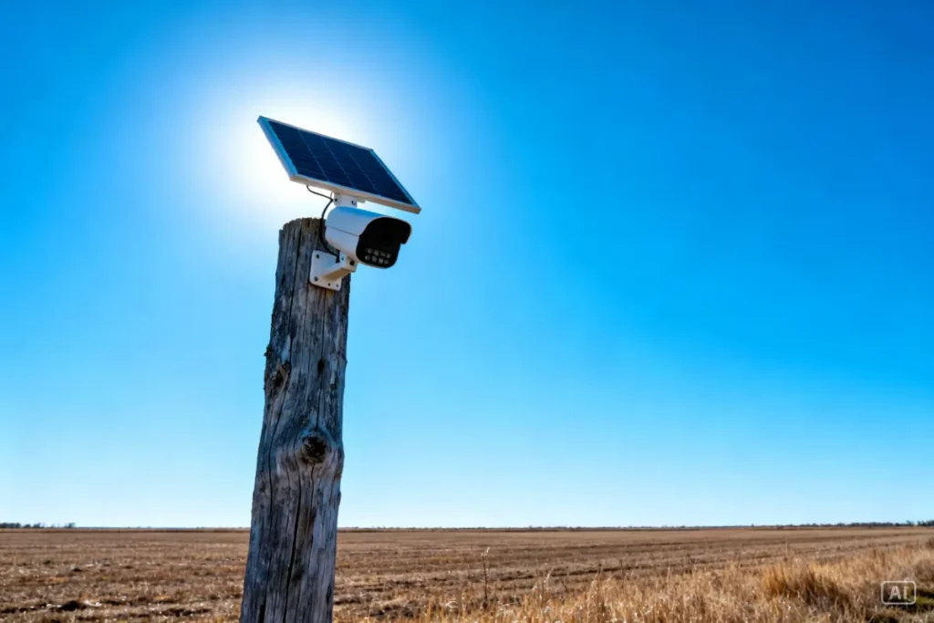 Solar security camera mounted on farm gate post in rural South Africa monitoring gravel road entrance