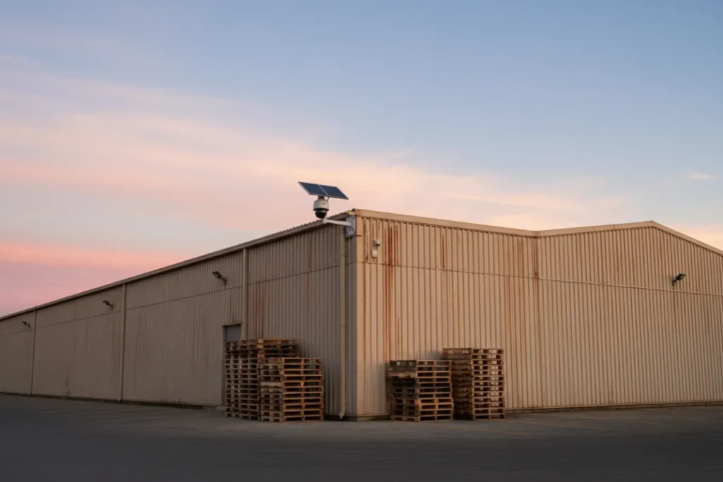 Heavy duty solar camera for warehouse security mounted on corrugated metal wall
