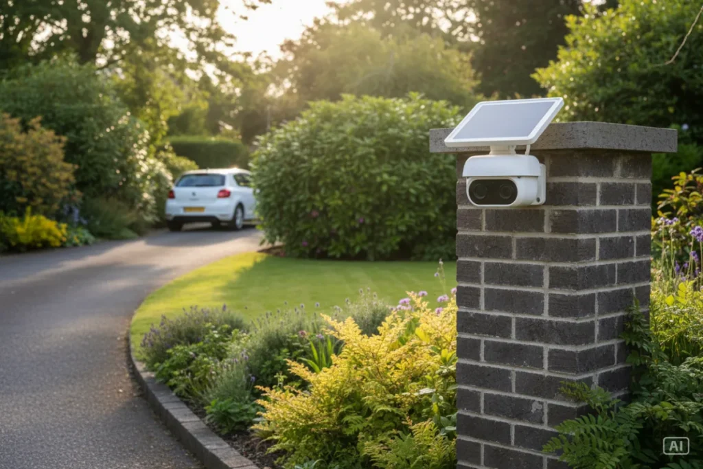 Solar security camera mounted on a brick gate pillar for gate monitoring at a South African home