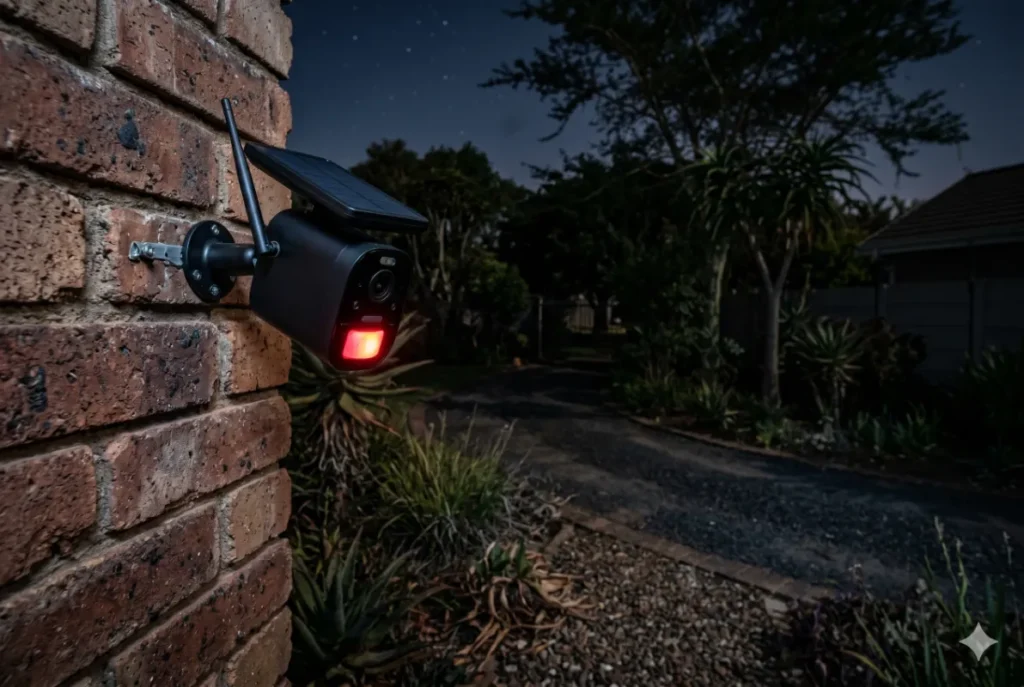 Sleek solar security camera with a glowing red PIR sensor at night