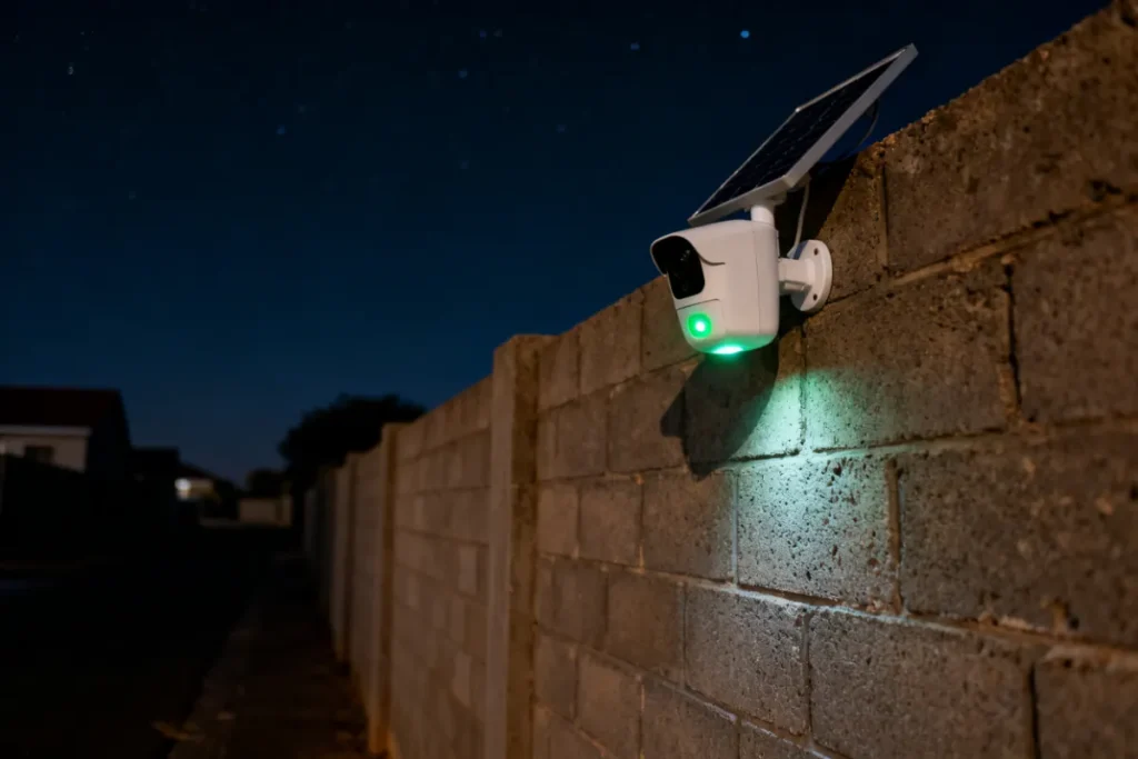 Solar security camera staying active on South African boundary wall during load shedding at night
