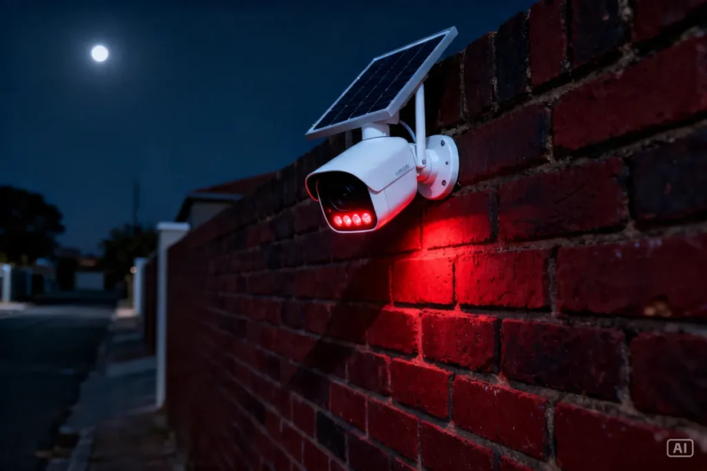 Solar security camera glowing red on a brick wall during load shedding