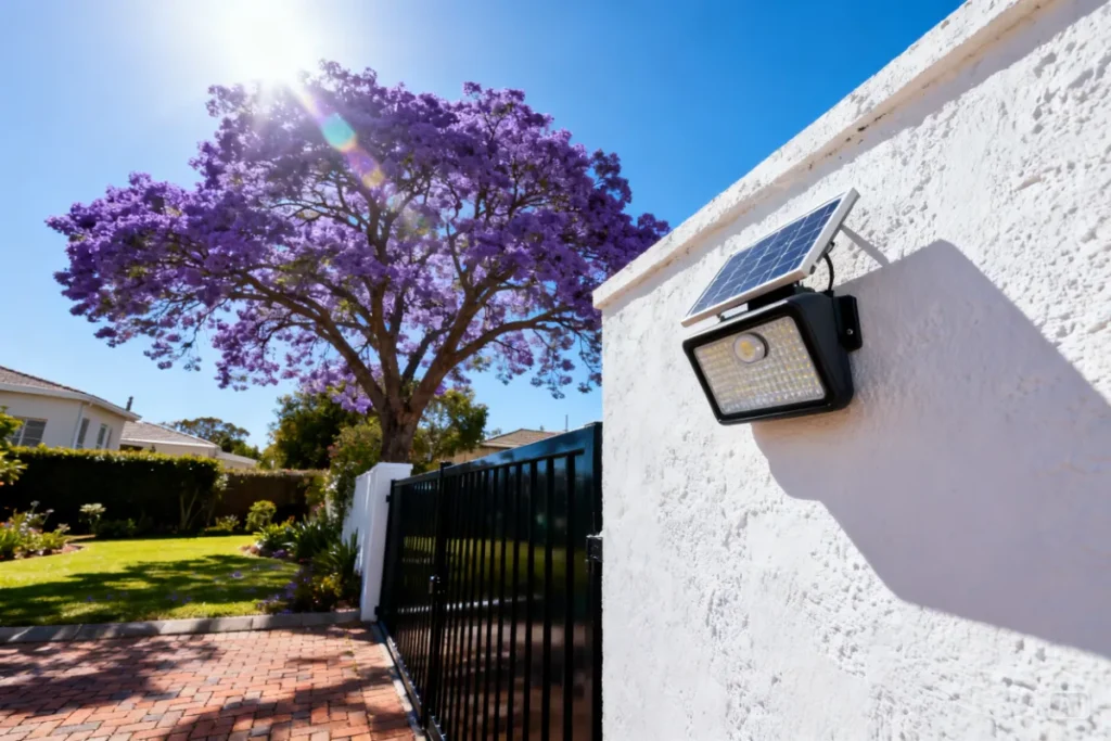 Solar powered security light mounted on South African home exterior wall during daylight
