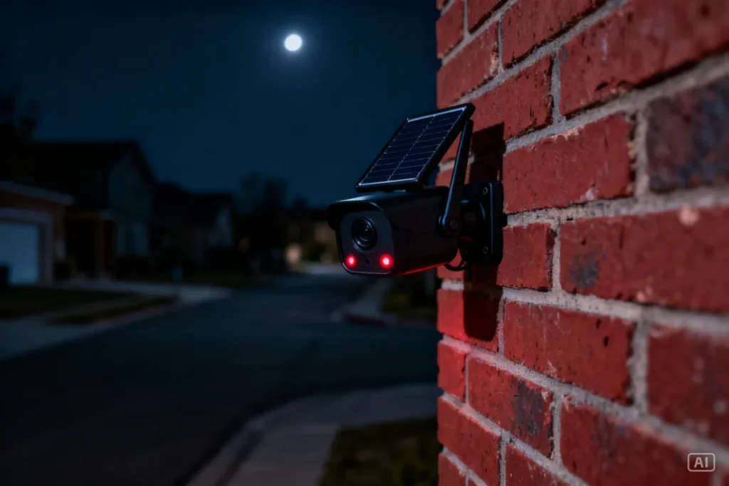 Sleek solar security camera glowing red on a dark brick wall during load shedding