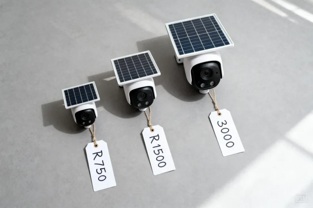 Three solar security cameras representing budget mid-range and premium price tiers with rand price tags on a neutral surface