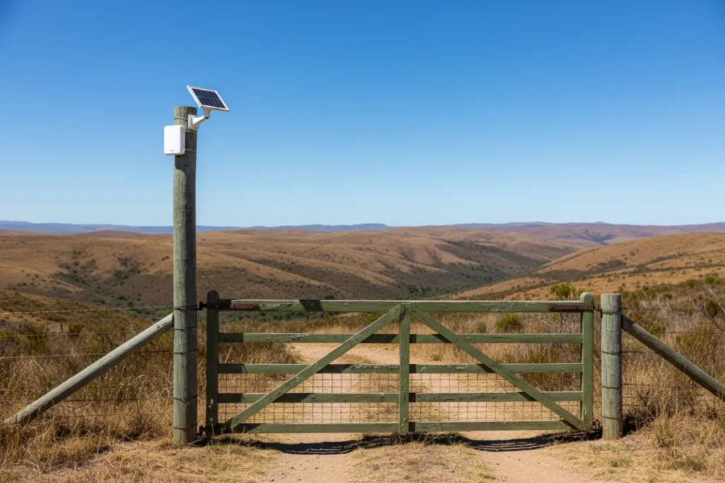solar security cameras without WiFi installed on rural South African farm gate with solar panel