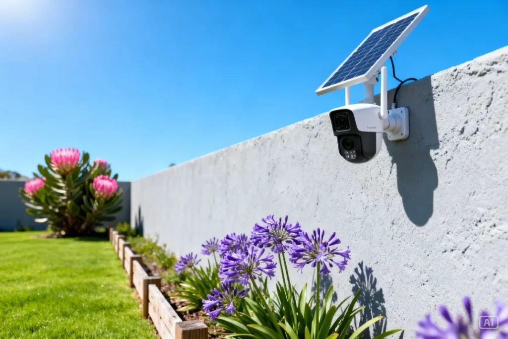 Wireless solar security camera mounted on a plastered wall in a sunny garden