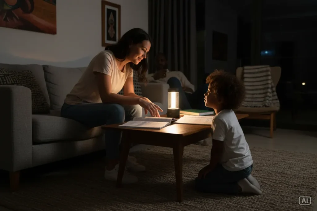 South African family using rechargeable emergency lantern in lounge during load shedding