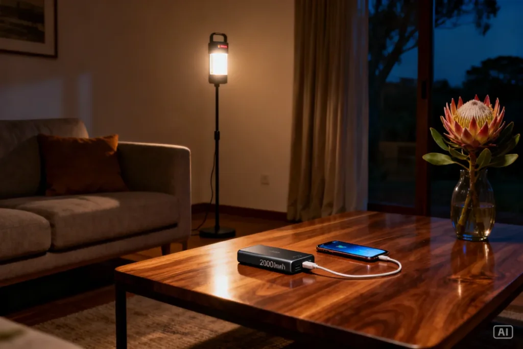Sleek 20000mAh power bank charging two smartphones during a blackout