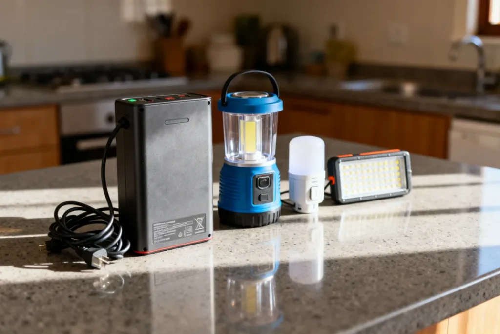 Budget load shedding survival kit laid out on South African kitchen counter including lantern power bank and emergency light