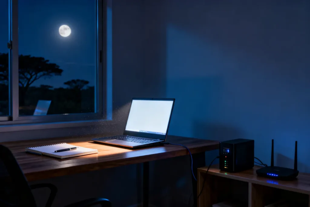 Small black mini UPS powering a home Wi-Fi router during a blackout