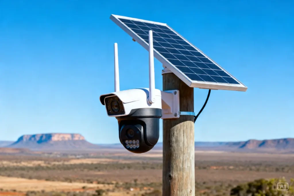 4G solar security camera mounted on a pole at a remote farm gate