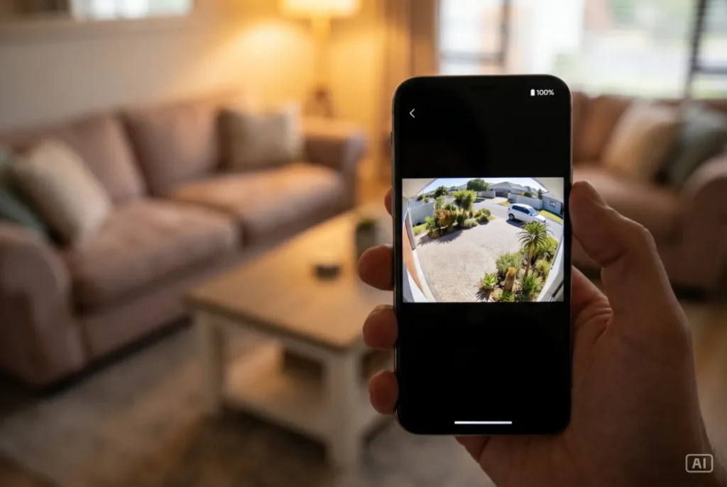 Checking a fully charged solar security camera battery on a smartphone app