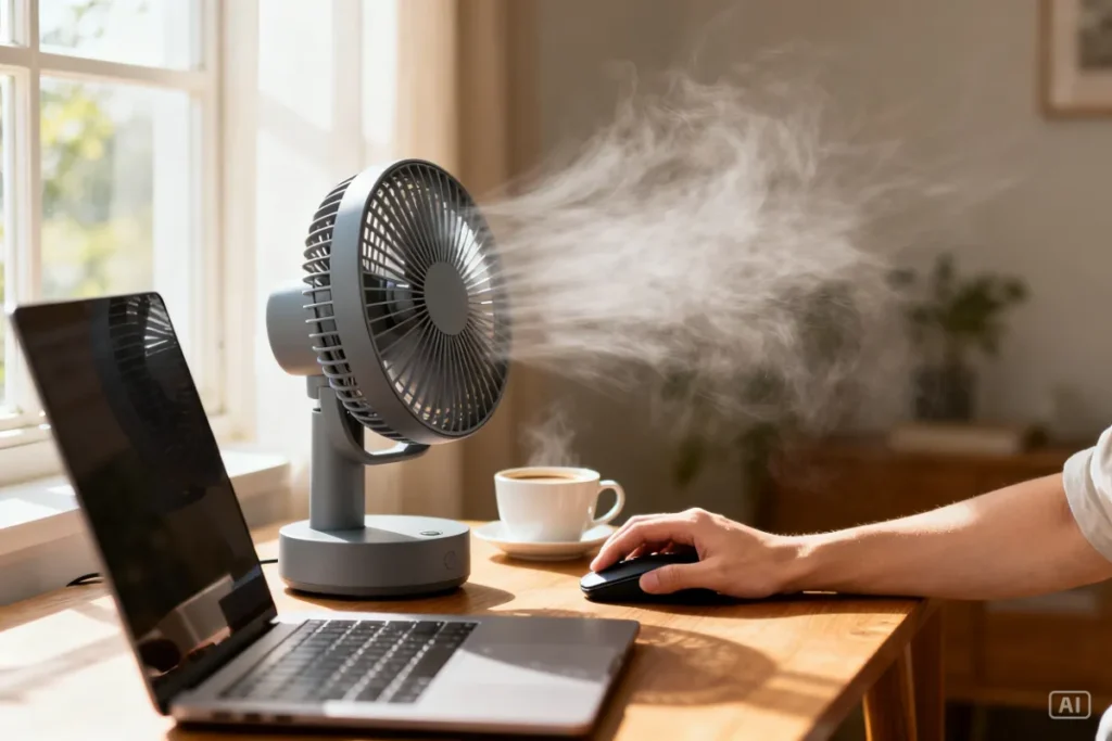 Modern battery powered fan keeping a home office cool during a power outage