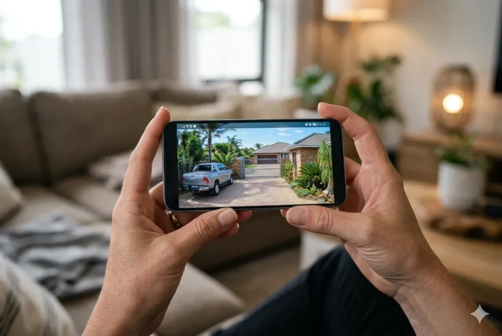 Checking a live feed from load shedding security cameras on a smartphone