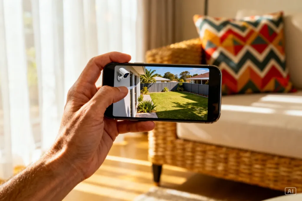 Viewing a live camera feed on a smartphone app inside a South African home