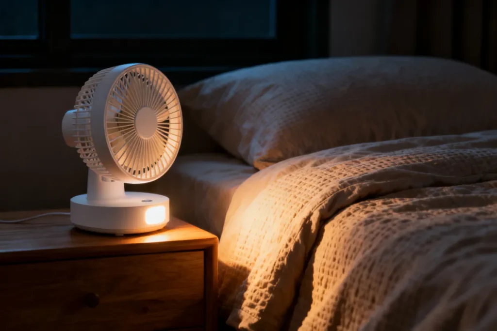 Rechargeable 2-in-1 fan and light running in a dark bedroom during load shedding