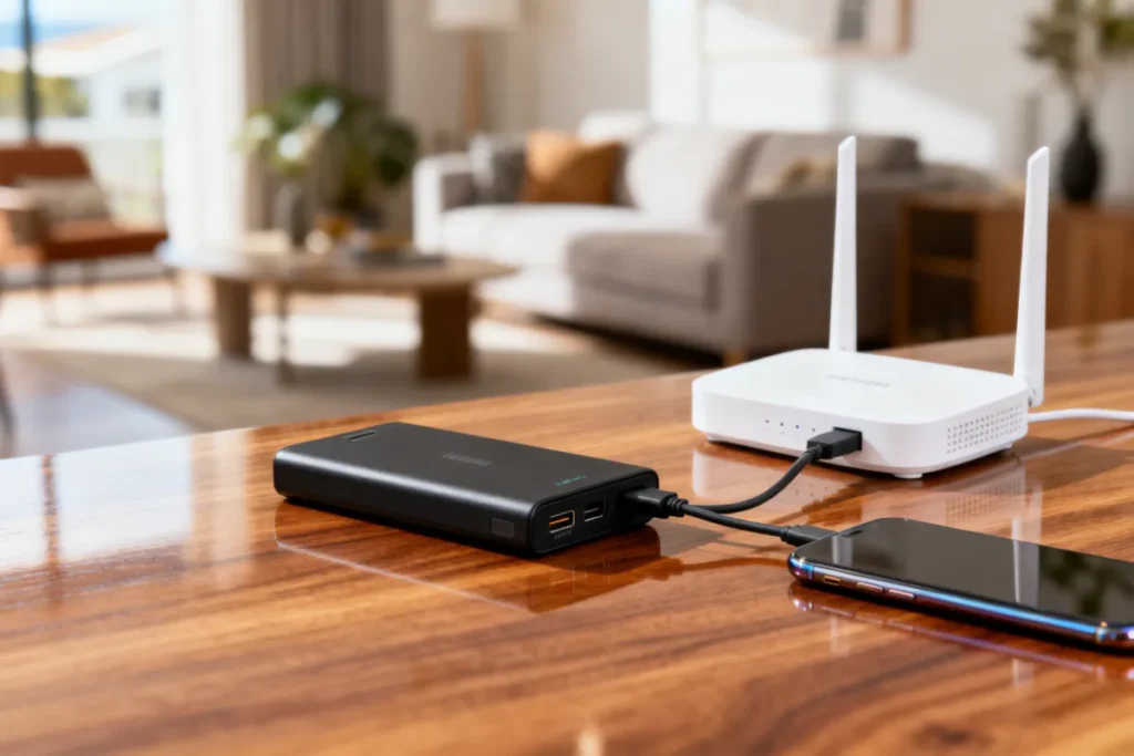 Power bank connected to WiFi router as internet backup during load shedding South Africa