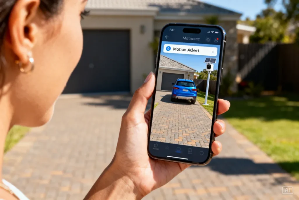 Smartphone showing live solar security camera app footage of a South African home driveway with motion alert