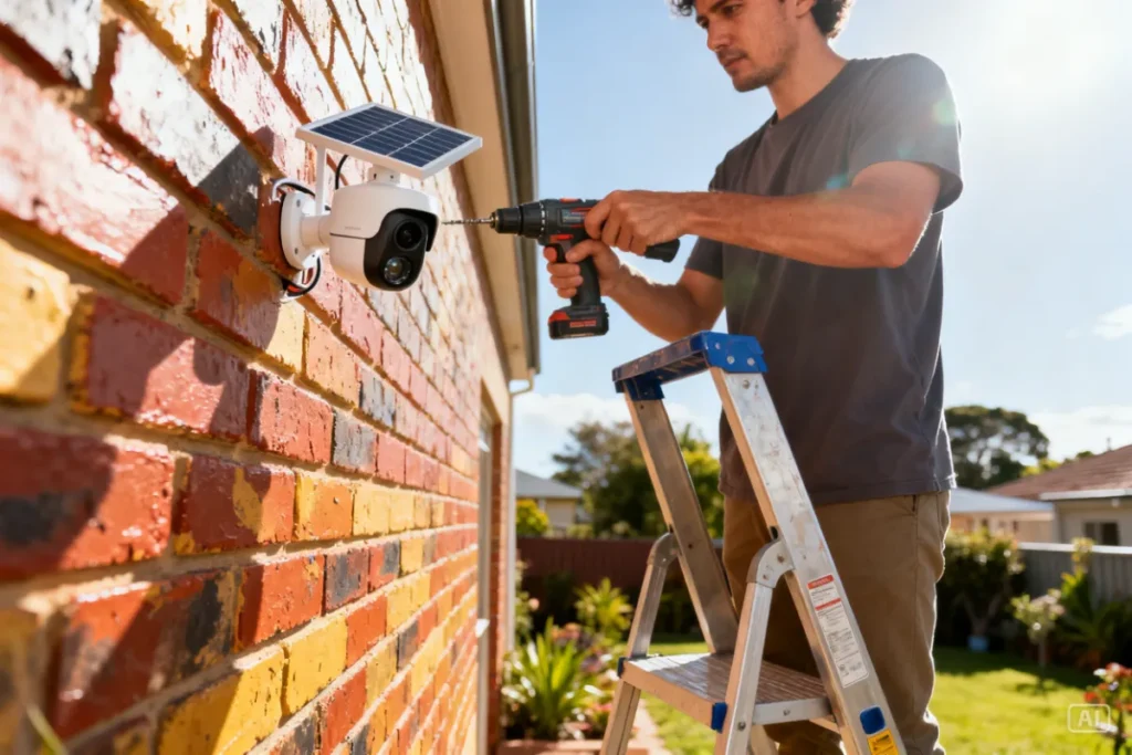 South African homeowner installing a solar security camera on a brick boundary wall with a drill in bright daylight 